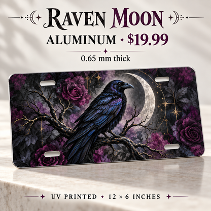 Raven Moon gothic raven license plate — 0.65 mm aluminum, $19.99