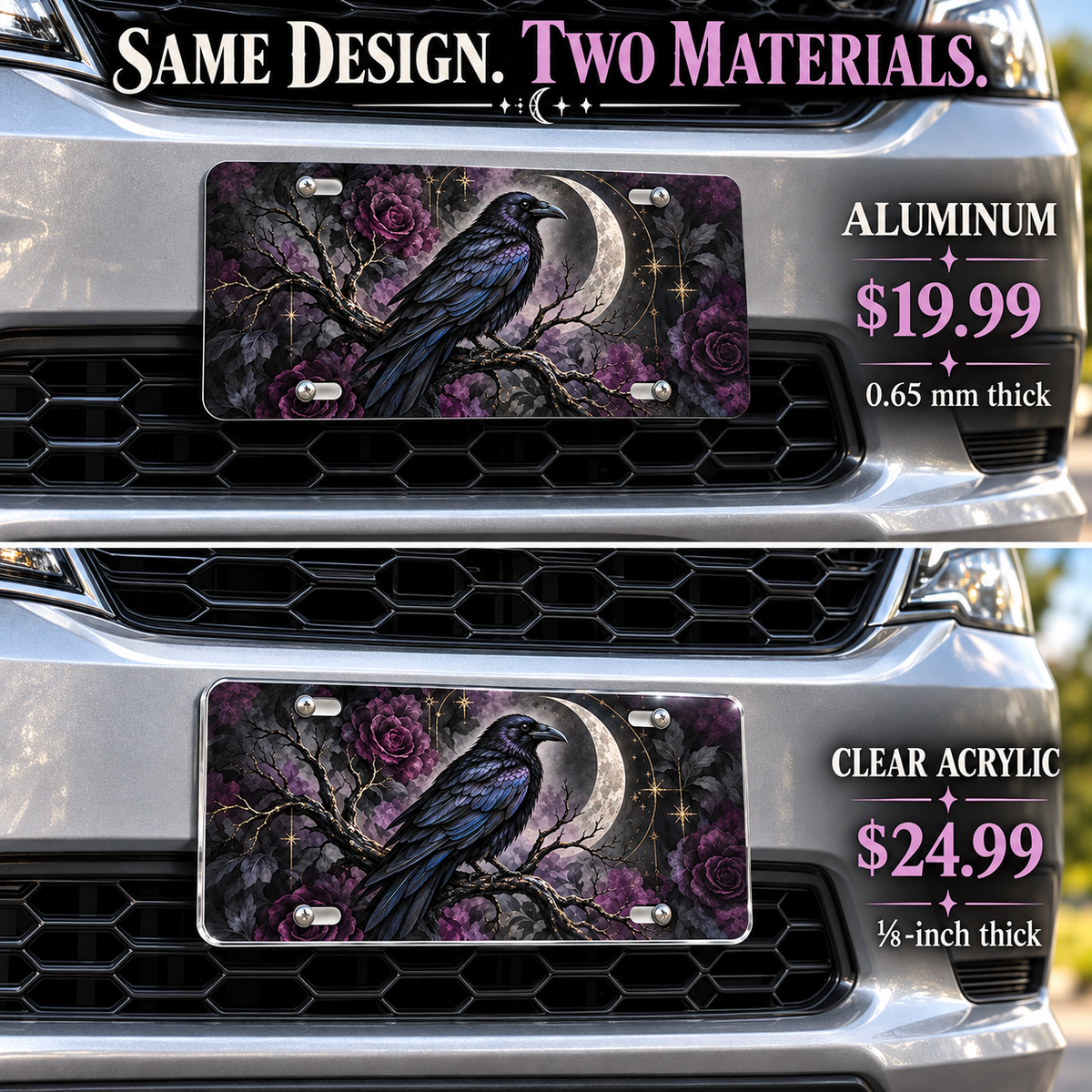 Raven Moon gothic raven license plate — vehicle-mounted aluminum and acrylic comparison