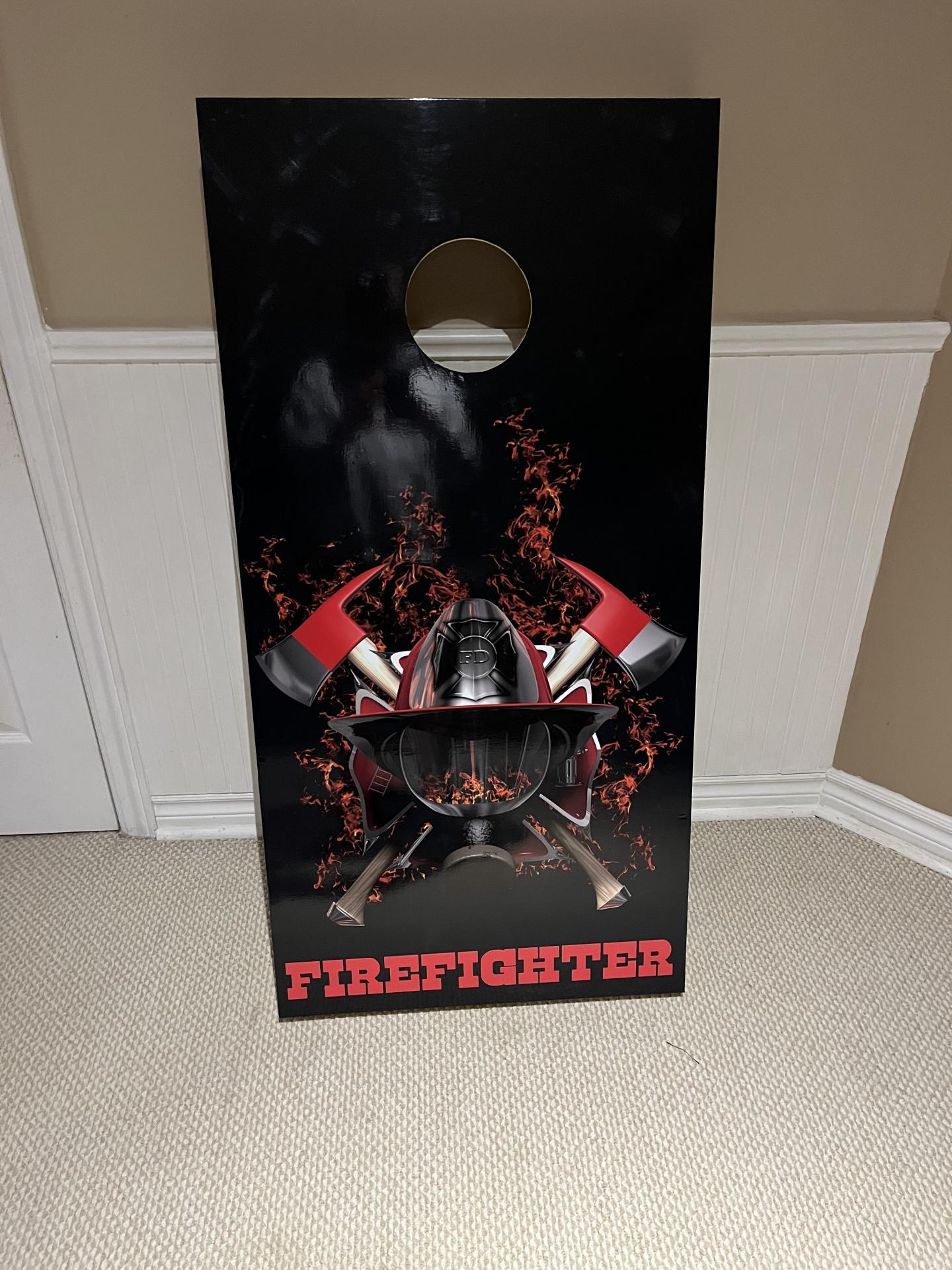 Firefighter Mask Axe Flames Black Design Cornhole Board Decal Wraps