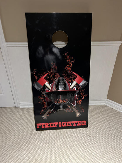 Firefighter Mask Axe Flames Black Design Cornhole Board Decal Wraps