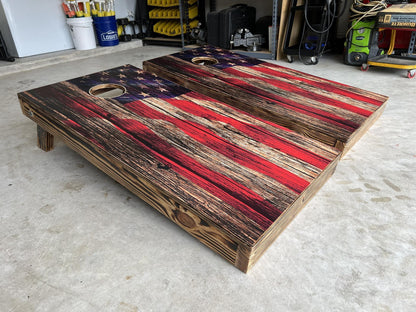 Rustic Wood American Flag Cornhole Wraps Decals