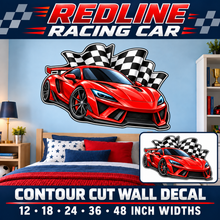 Redline Racing Car – Boys Room Wall Decal summary and bedroom mockup – 12 to 48 inch widths
