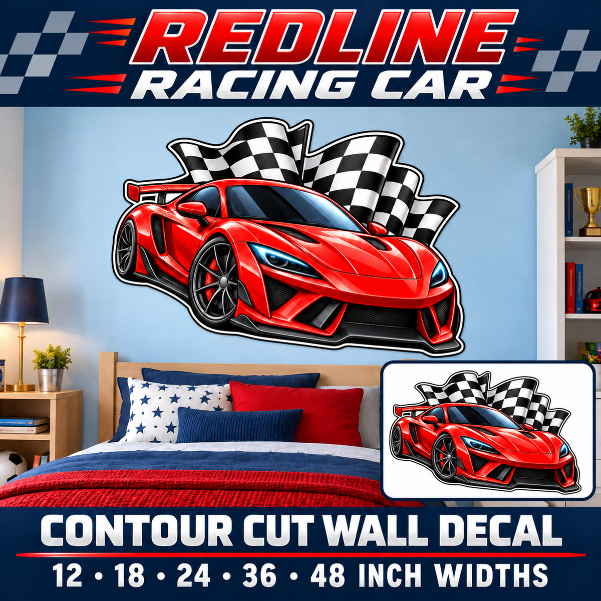 Redline Racing Car – Boys Room Wall Decal summary and bedroom mockup – 12 to 48 inch widths