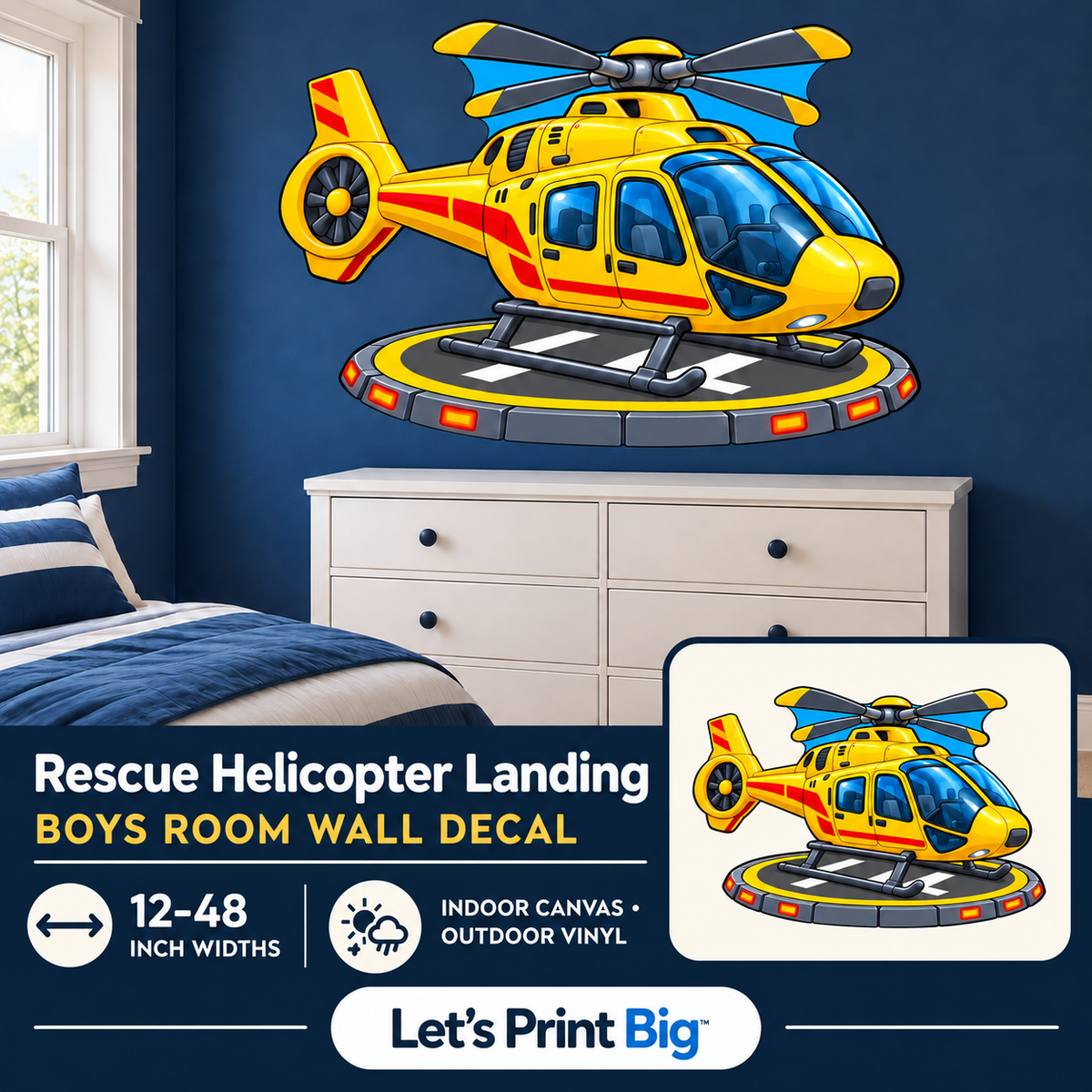 Rescue Helicopter Landing – Boys Room Wall Decal summary and bedroom mockup – 12 to 48 inch widths