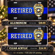 Retired Police Thin Blue Line License Plate Car Tag — aluminum $19.99 and ⅛-inch clear acrylic $24.99 material comparison