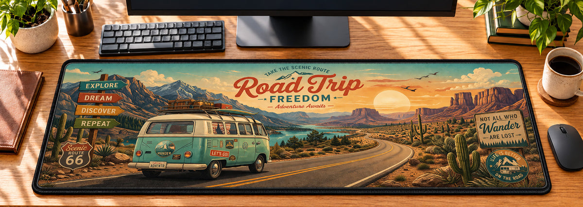 Retro Camper Road Trip Freedom Desk Mat in use on a warm wood office desk — overhead workspace view