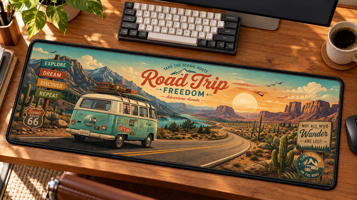Retro Camper Road Trip Freedom Desk Mat in use on a warm wood office desk — angled workspace view