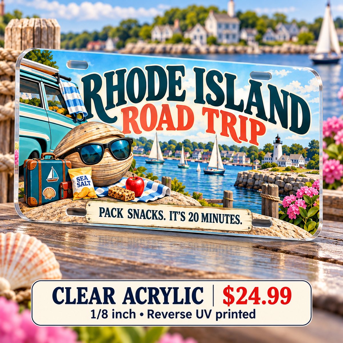 Rhode Island Twenty Minute Trip funny license plate — ⅛-inch reverse UV printed acrylic with opaque artwork