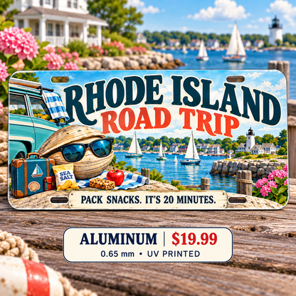Rhode Island Twenty Minute Trip funny license plate — 0.65 mm UV printed aluminum
