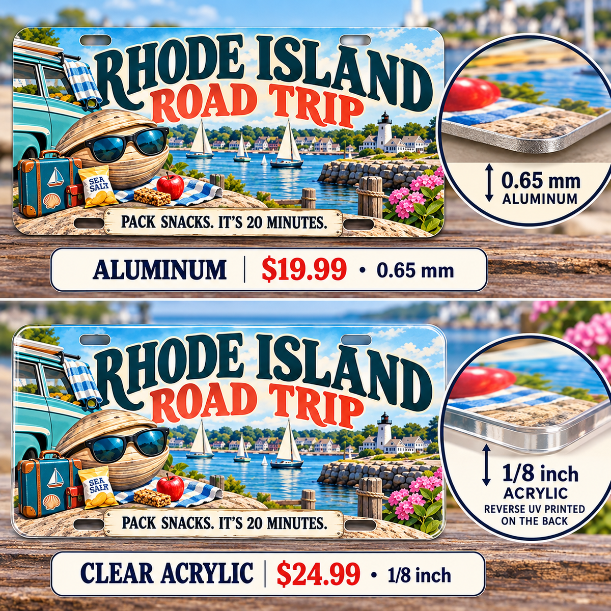 Rhode Island Twenty Minute Trip funny license plate — 0.65 mm aluminum and ⅛-inch acrylic edge detail