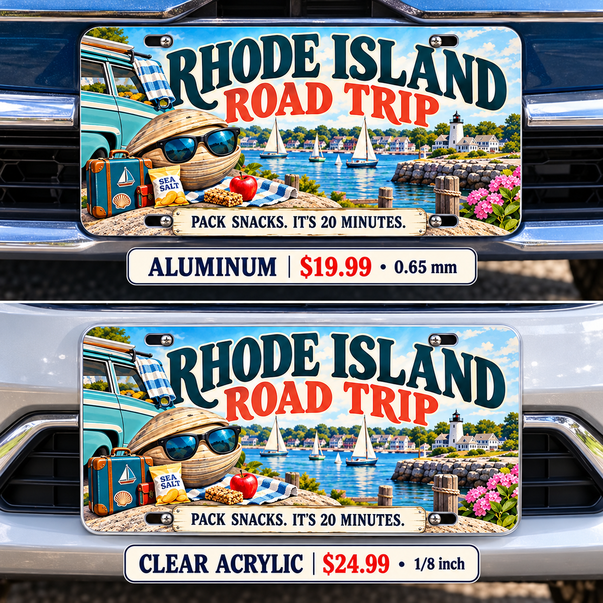 Rhode Island Twenty Minute Trip funny license plate — aluminum and acrylic vehicle mockups