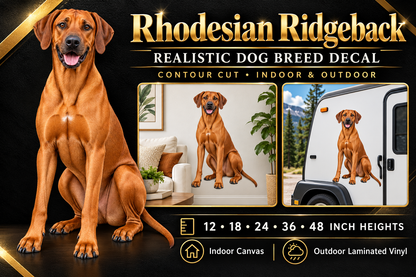 Rhodesian Ridgeback decal summary — 12 to 48 inch heights, indoor and outdoor