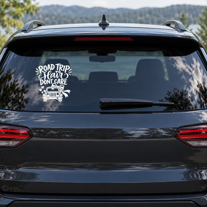 Road Trip Hair Dont Care Car Window Decal shown on a vehicle window