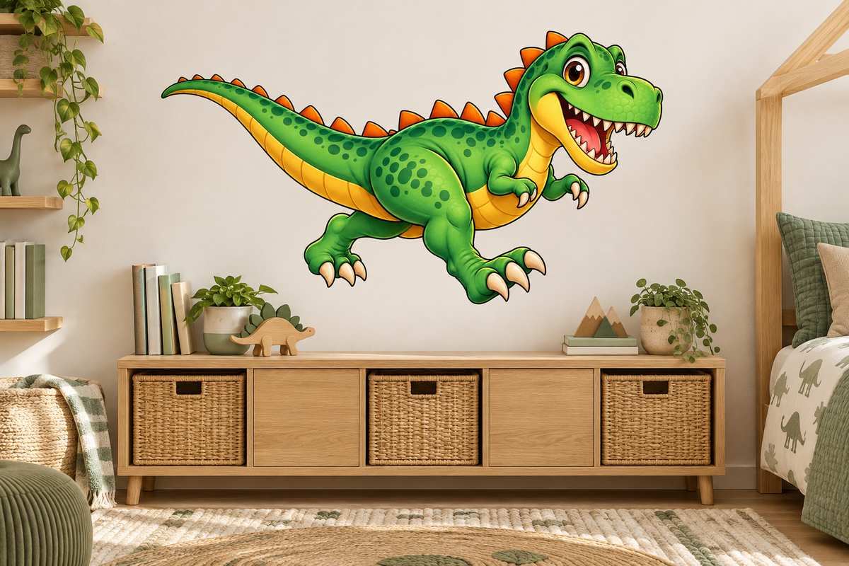 Roary the T. Rex Cartoon Dinosaur Large Wall Decal room mockup, illustrative size
