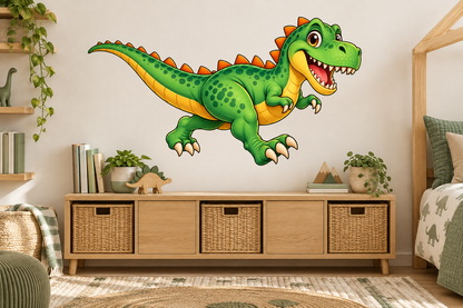 Roary the T. Rex Cartoon Dinosaur Large Wall Decal room mockup, illustrative size