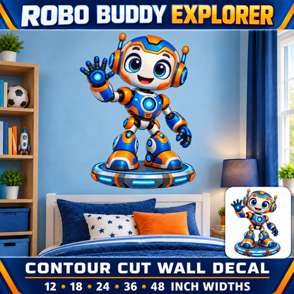 Robo Buddy Explorer – Boys Room Wall Decal summary and bedroom mockup – 12 to 48 inch widths