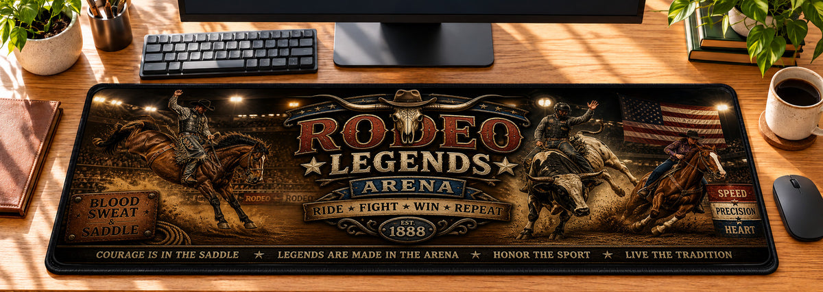 Rodeo Legends Arena Desk Mat in use on a warm wood office desk — overhead workspace view