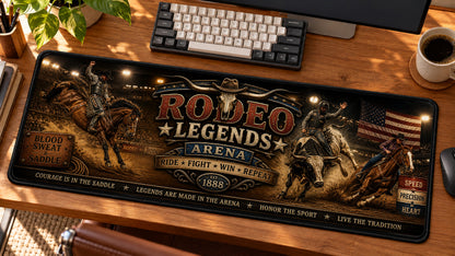Rodeo Legends Arena Desk Mat in use on a warm wood office desk — angled workspace view