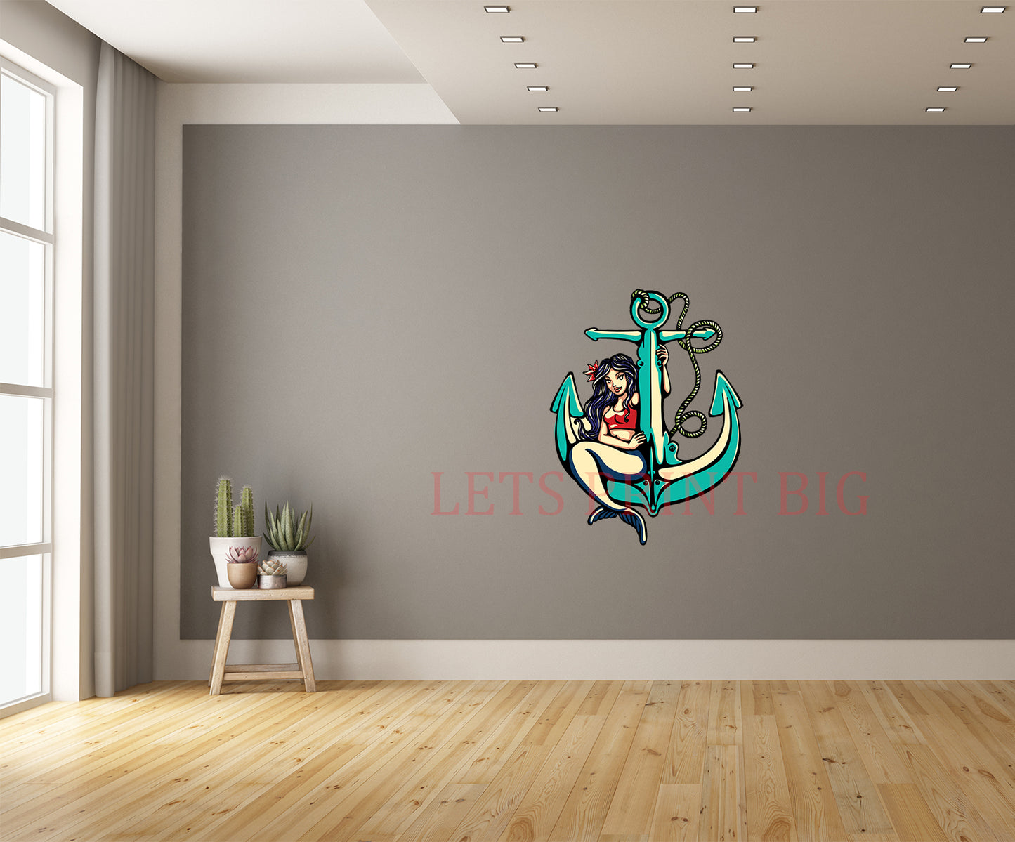 Siren Mermaid Pinup Girl Sitting on Anchor Wall Art Decal