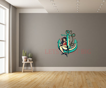 Siren Mermaid Pinup Girl Sitting on Anchor Wall Art Decal