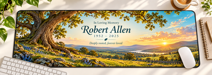 Roots of Love Oak Tree memorial desk mat — overhead workspace mockup