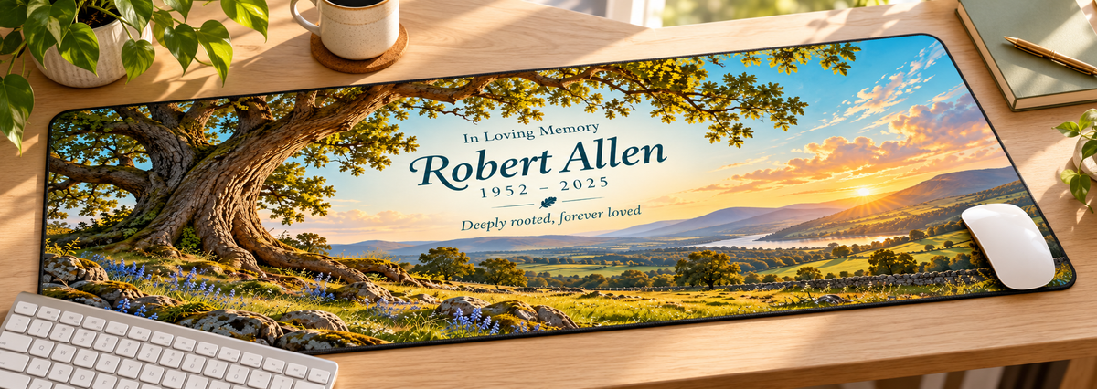 Roots of Love Oak Tree memorial desk mat — angled workspace mockup
