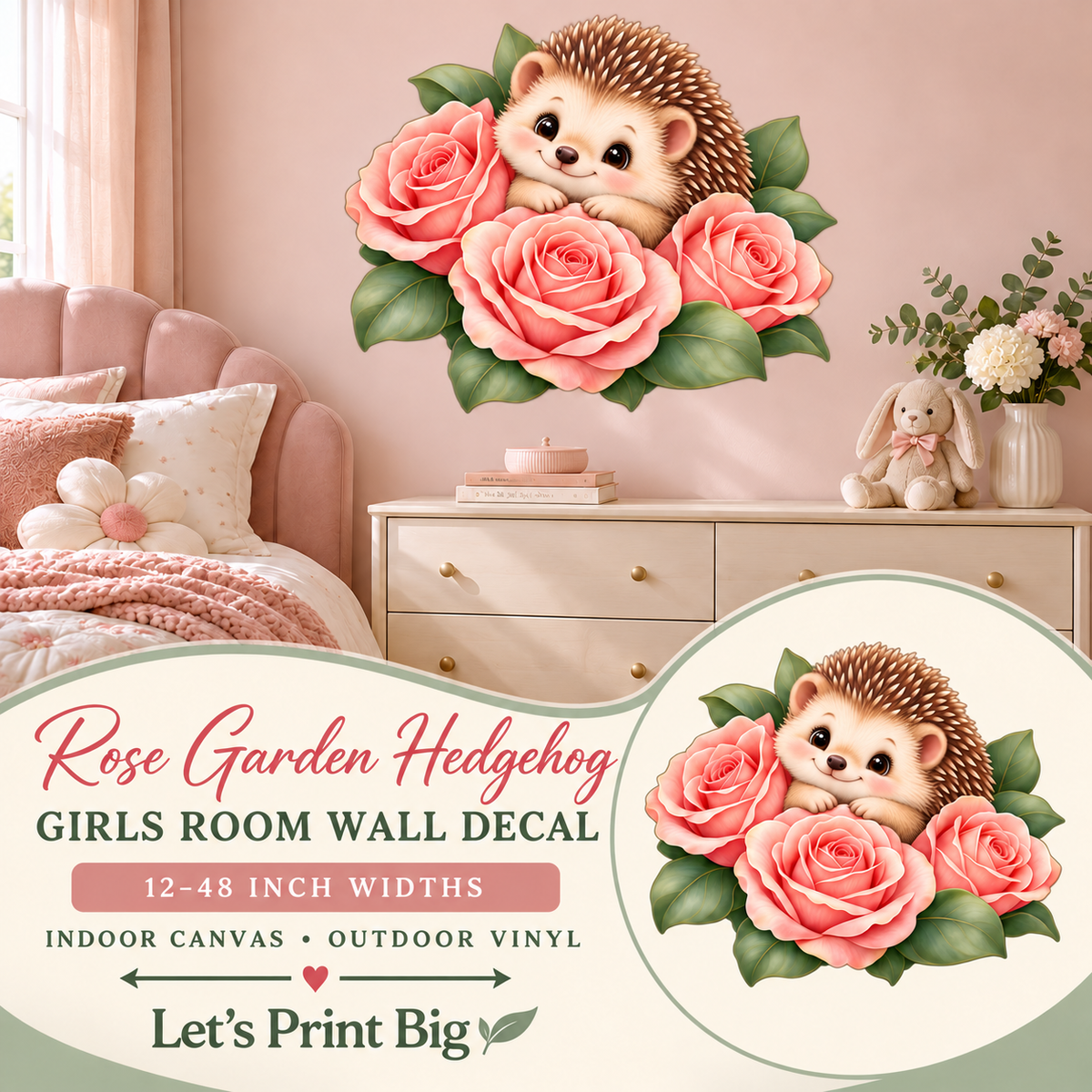 Rose Garden Hedgehog – Girls Room Wall Decal summary and bedroom mockup – 12 to 48 inch widths