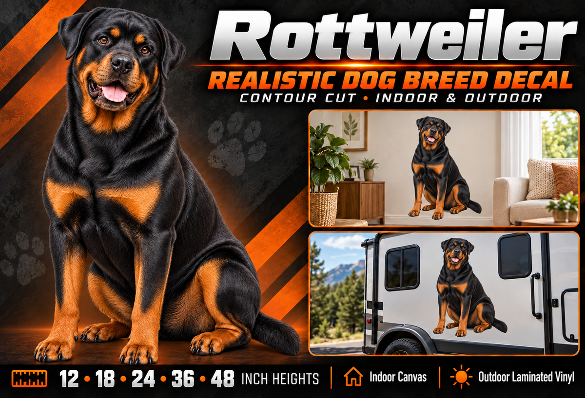 Rottweiler decal summary — 12, 18, 24, 36 and 48 inch heights