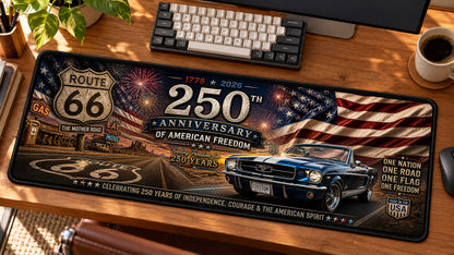 Route 66 Freedom Ride Desk Mat in use on a warm wood office desk — angled workspace view