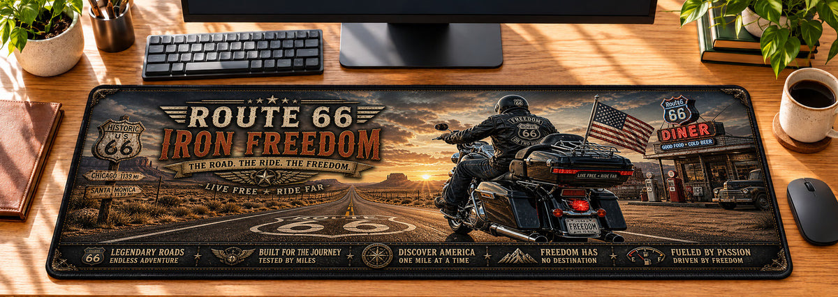 Route 66 Iron Freedom Desk Mat in use on a warm wood office desk — overhead workspace view