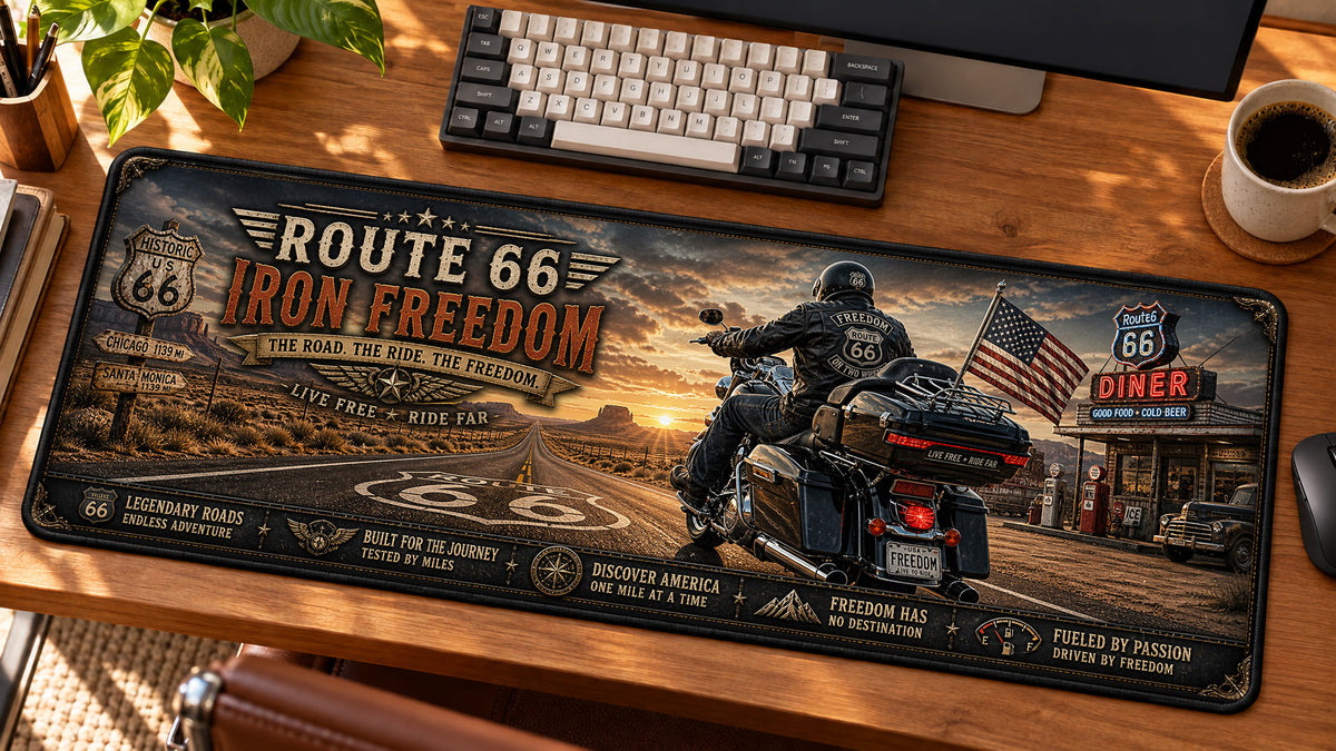 Route 66 Iron Freedom Desk Mat in use on a warm wood office desk — angled workspace view