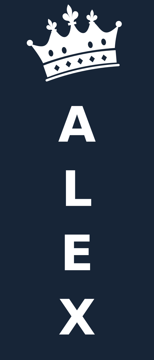White ornate royal crown and vertical ALEX name on navy display background; background is not printed