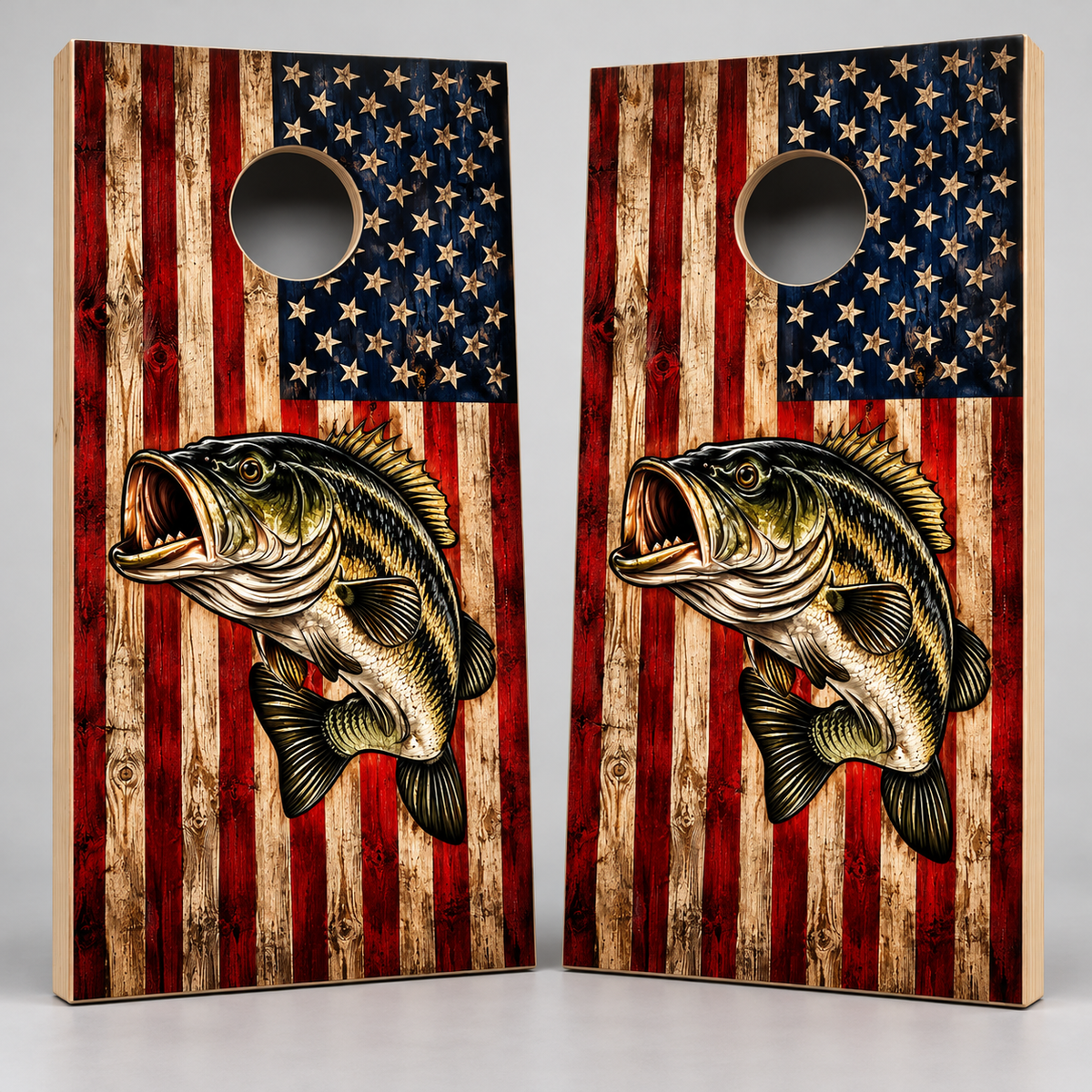 Rustic American flag bass cornhole wraps on two boards showing hole placement