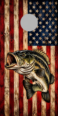 Rustic American flag bass cornhole wrap with gray hole placement preview