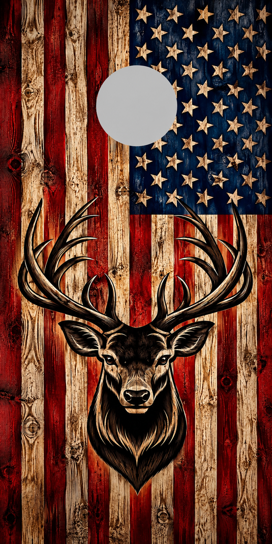 Rustic American flag stag cornhole wrap with gray hole placement preview