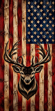Rustic stag deer on wooden American flag cornhole wrap artwork without hole
