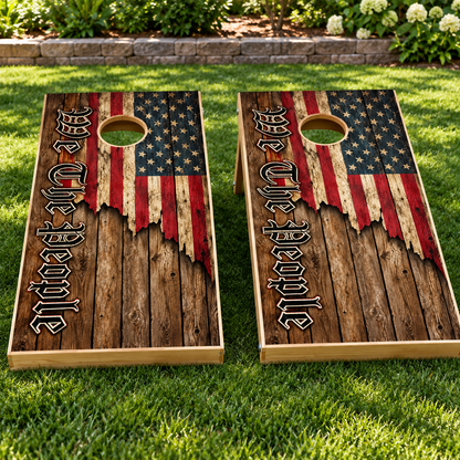 We the People Rustic Flag Scroll Cornhole Board Wraps installed on two boards; boards not included