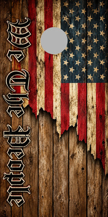 We the People Rustic Flag Scroll Cornhole Board Wraps proof with gray regulation hole-position marker