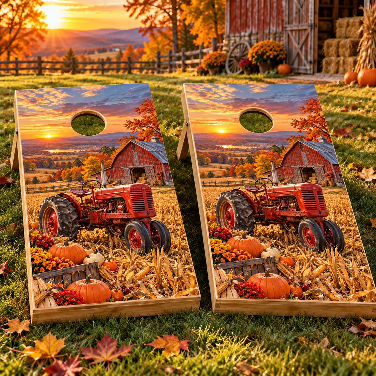Rustic Tractor Harvest installed cornhole board mockup; boards not included
