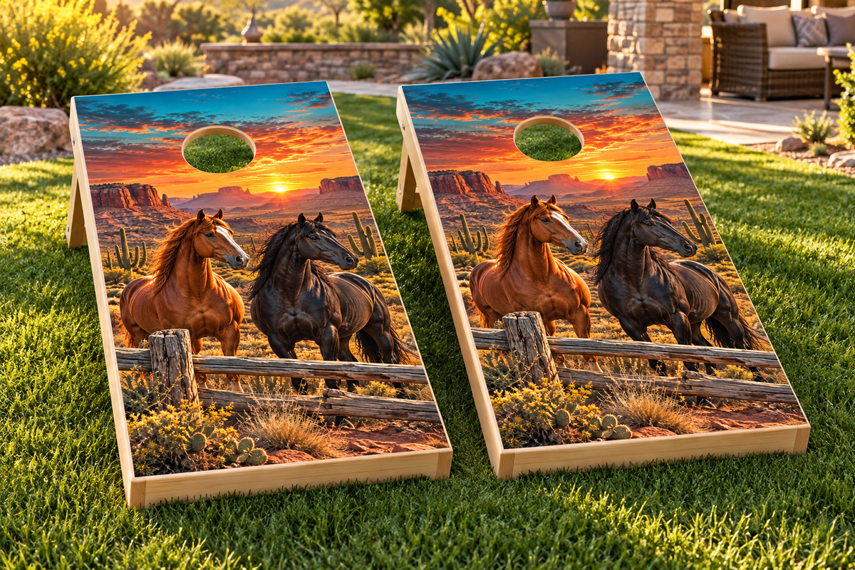 Rustic Western Sunset cornhole wrap installed board mockup; boards not included