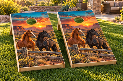 Rustic Western Sunset cornhole wrap installed board mockup; boards not included