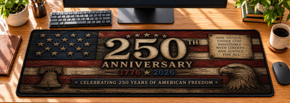 Rustic Wood Flag Heritage Desk Mat in use on a warm wood office desk — overhead workspace view