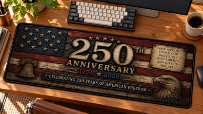 Rustic Wood Flag Heritage Desk Mat in use on a warm wood office desk — angled workspace view