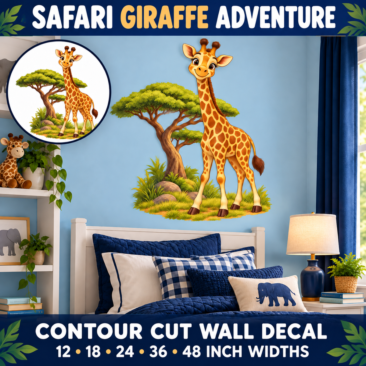 Safari Giraffe Adventure – Boys Room Wall Decal summary and bedroom mockup – 12 to 48 inch widths