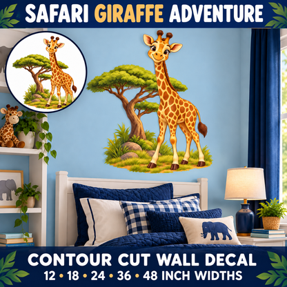 Safari Giraffe Adventure – Boys Room Wall Decal summary and bedroom mockup – 12 to 48 inch widths