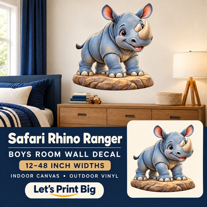 Safari Rhino Ranger – Boys Room Wall Decal summary and bedroom mockup – 12 to 48 inch widths
