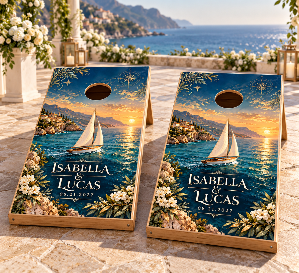 Sailing Together personalized wedding and anniversary cornhole boards lifestyle mockup; boards not included