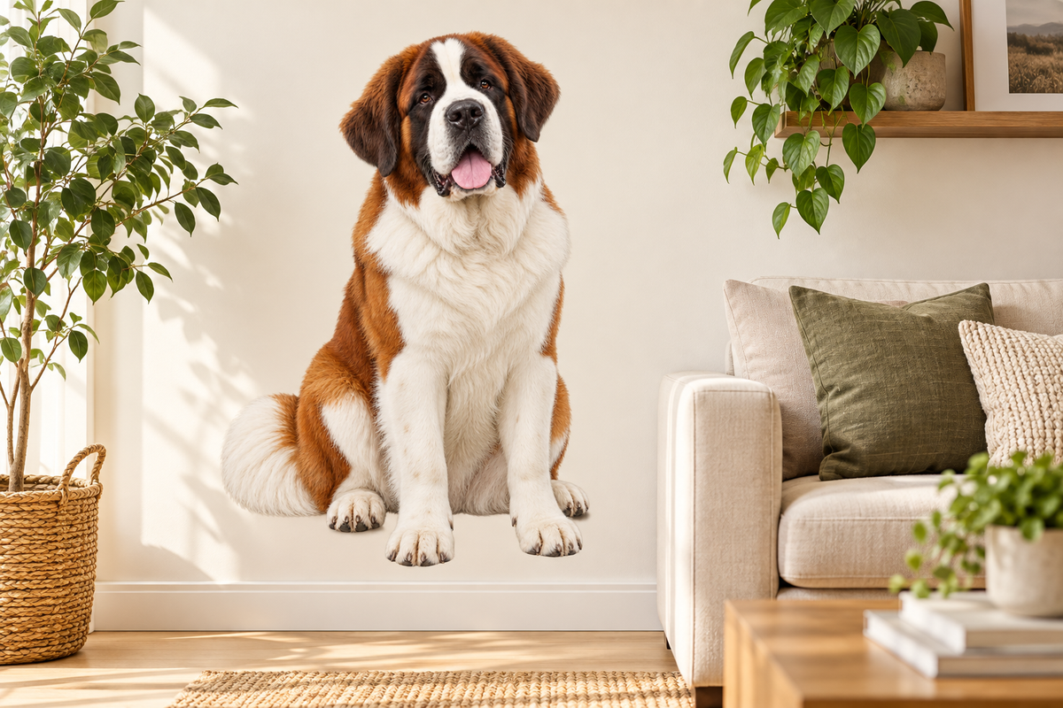Saint Bernard contour cut dog decal on a living room wall