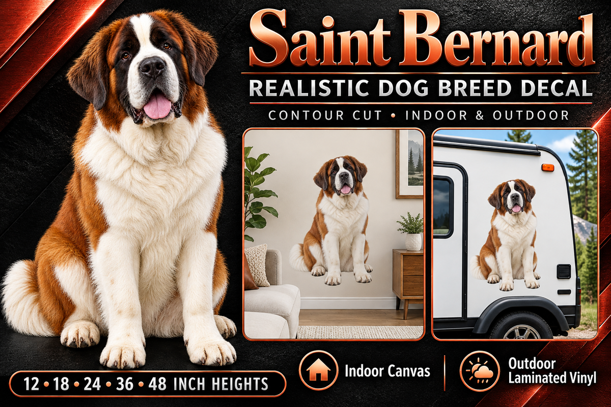 Saint Bernard decal summary with indoor and outdoor examples — sizes 12 to 48 inches high