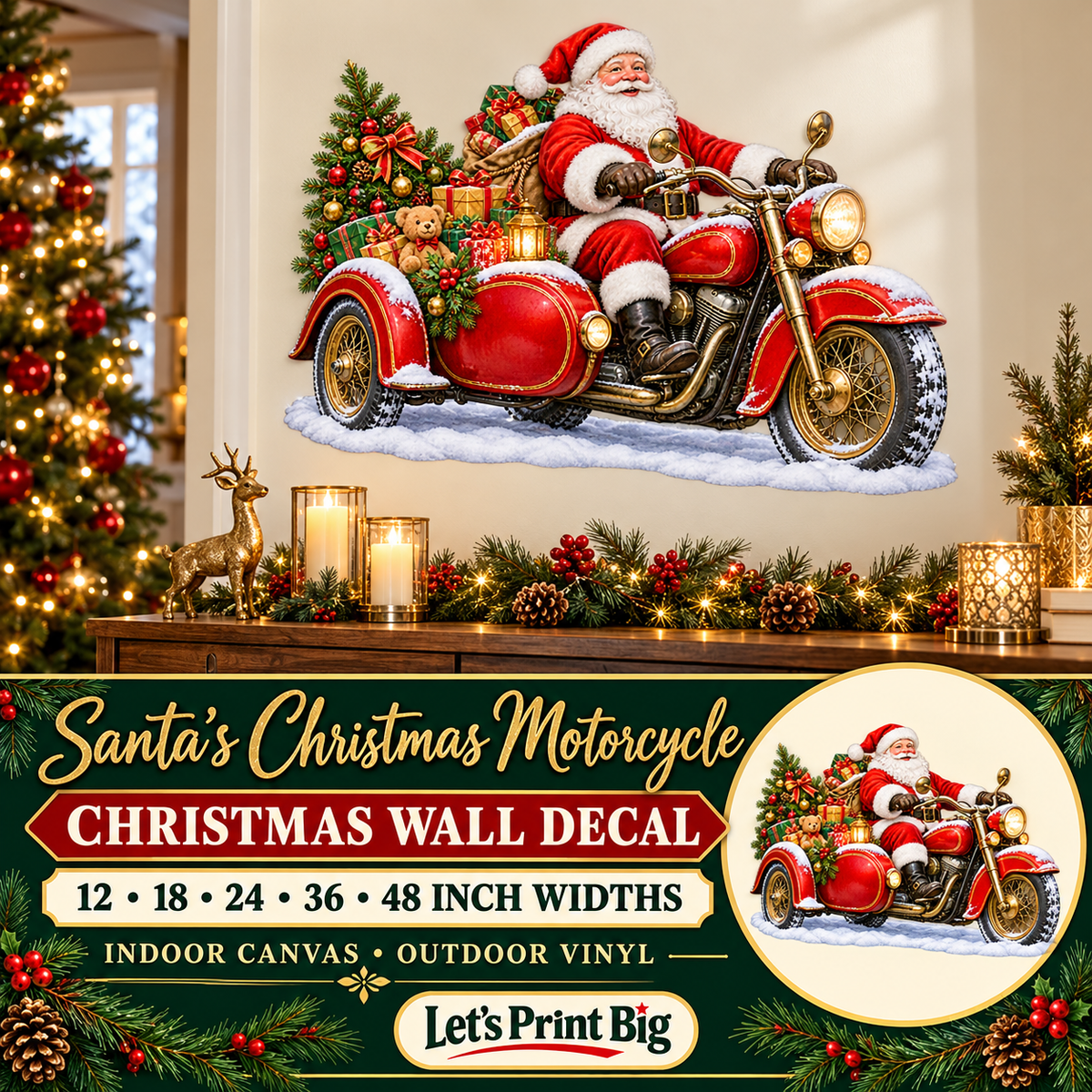 Santa's Christmas Motorcycle summary – 12 to 48 inch widths